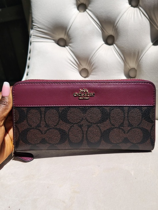 Coach Handbags - Coach Zip-Around Wallet in Burgundy and Chocolate Coach Signature